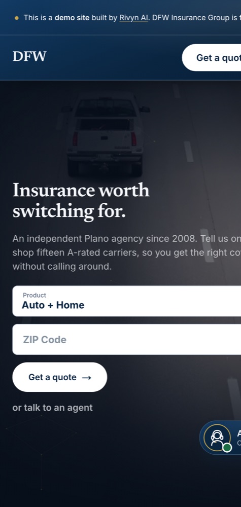 Mobile screenshot of the DFW Insurance Group homepage hero
